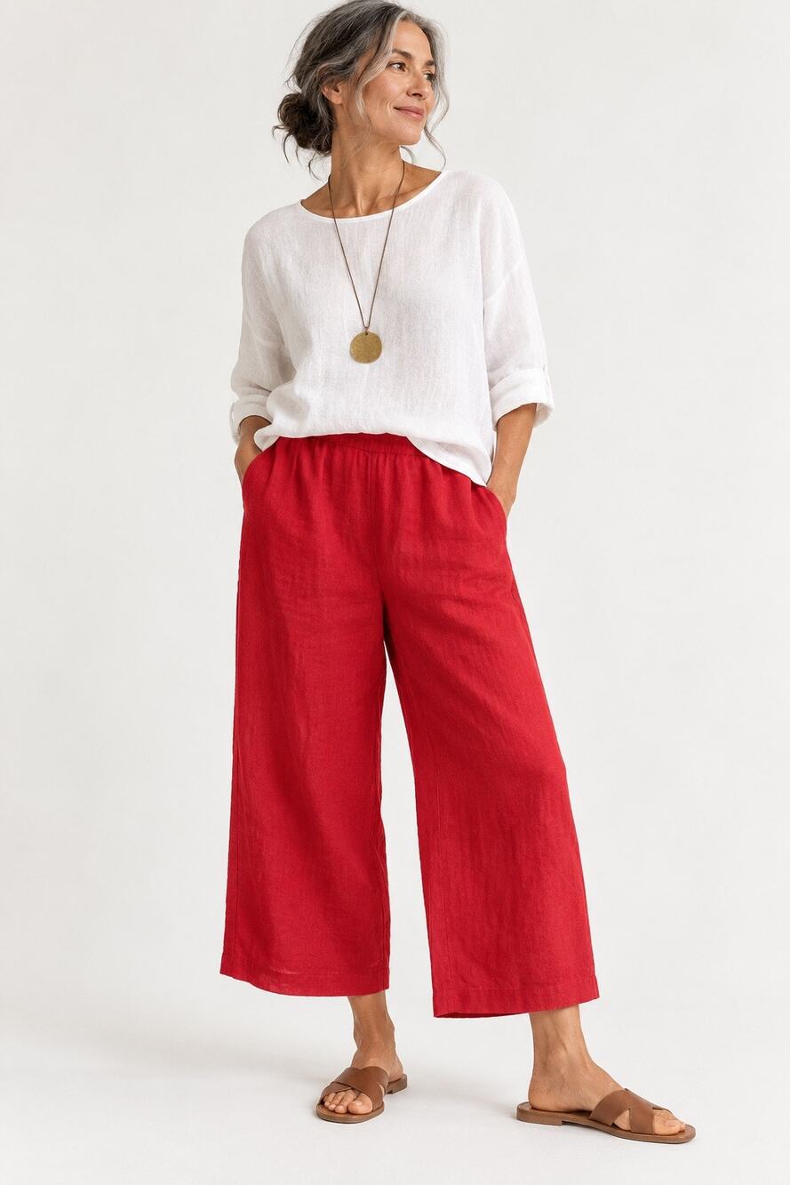 Eileen Fisher Red 100% Organic Linen Wide Leg Crop Pants XL Pull On Minimalist